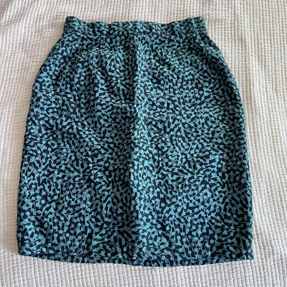 Vintage Kenar Linen Skirt Womens Small Teal Black Abstract Pencil High Waist 90s - Picture 1 of 10